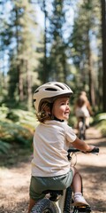 Fototapeta premium Child riding a bike on a forest trail with white helmet and training wheels for outdoor family summer background and banner design promoting active lifestyle