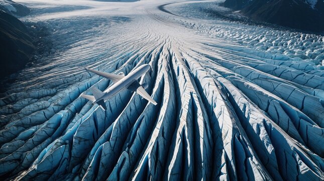 Passenger airplane flies over massive icy glacier landscape. Aerial view giant white snow terrain with deep blue crevasses. Commercial jet travels above frozen wilderness area during high altitude