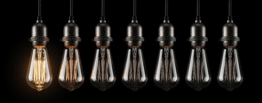 Five vintage Edison bulbs hang in row against solid black background. First glass lamp glows with warm golden light others remain dark. Creative visual symbol represents bright ideas innovation