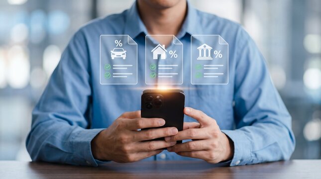 Online loan application and digital banking, man using smartphone for car, home, and personal loans with interest rates.

