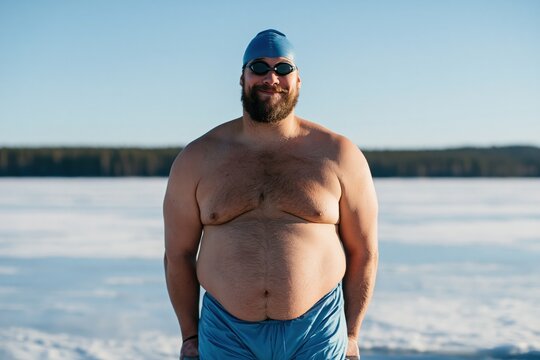 Bearded man in swim cap and shorts standing on a frozen lake for winter cold plunge portrait background and outdoor wellness banner design