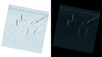 Transparent plastic zipper bag texture, wrinkled polyethylene storage pouch, clear zip lock baggie isolated on white and black backgrounds © Nafiz
