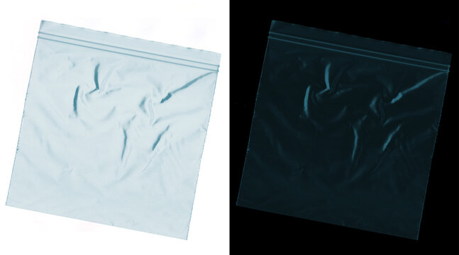 Transparent plastic zipper bag texture, wrinkled polyethylene storage pouch, clear zip lock baggie isolated on white and black backgrounds