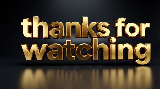 Golden 3D text says thanks for watching on dark background. Shiny metallic lettering creates premium end screen effect for video production. Elegant polished gold typography shines with realistic