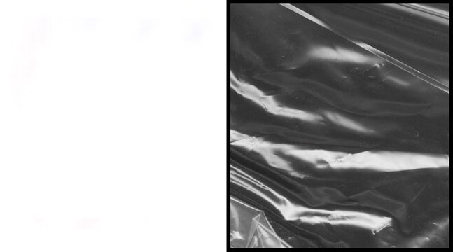 Crumpled plastic wrap texture, black and white wrinkled cellophane background, glossy transparent film overlay for creative design