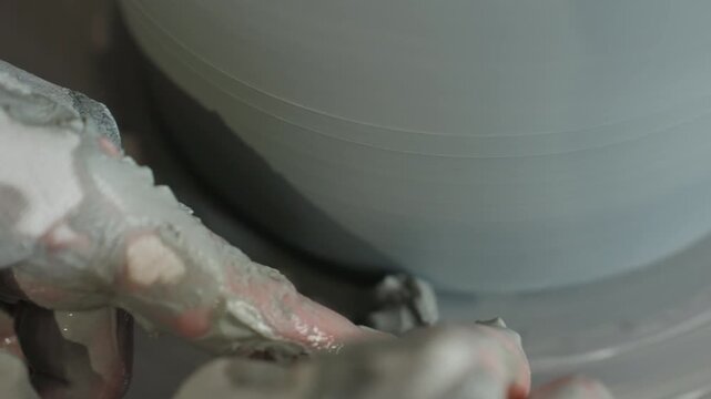 Pottery finishing touch on spinning wheel closeup, caucasian hands applying water and gentle pressure to refine rim, subtle texture and sheen, final smoothing stages, quiet tactile studio moment