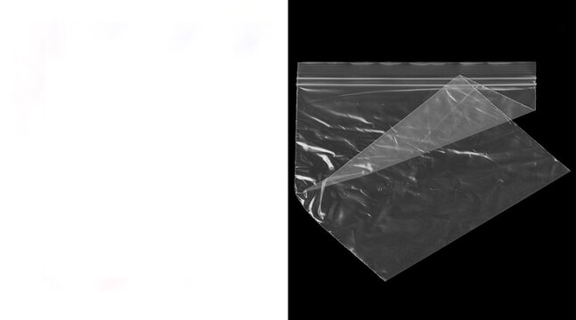 Transparent plastic zipper bag on black background, wrinkled polyethylene pouch texture, clear zip lock packaging mockup