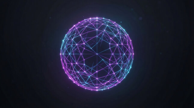 Artificial intelligence global neural network concept, futuristic 3D planet sphere with glowing purple and cyan nodes, digital machine learning technology abstract background