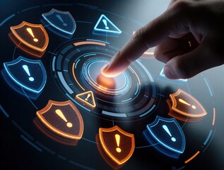 Fototapeta premium Person finger touches virtual button on digital screen interface. Glowing icons with shield warning triangle shapes appear in cyber space. Cyber security expert activates data protection software for