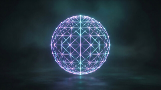 Artificial intelligence global neural network concept, futuristic 3D planet sphere with glowing purple and cyan nodes, digital machine learning technology abstract background