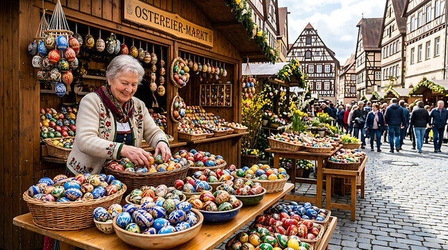 Colorful Easter Egg Market Stall in Historic Town.
