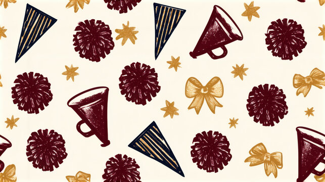 Seamless vintage cheerleading pattern with megaphones, pom poms, pennants, bows and stars in burgundy, navy and gold on a cream background