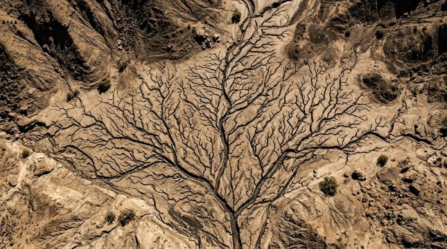 Aerial view of a dry riverbed forming a natural tree pattern