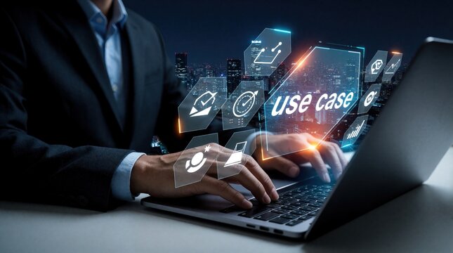 Businessman works on laptop computer with digital holographic interface showing use case concept. Executive manages data projects using virtual futuristic icons. Pro analyzes business growth