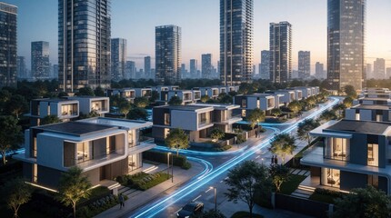 Fototapeta premium Aerial view of modern housing district with futuristic residential buildings, elegant luxury homes at sunset. Bright blue light lines trace roads between contemporary villas, skyscrapers. Urban