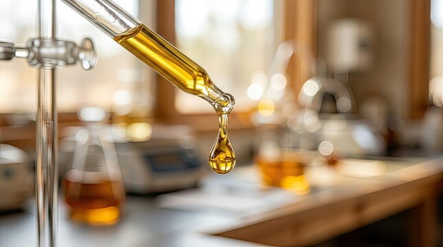 A golden liquid drop falls from a glass laboratory pipette
