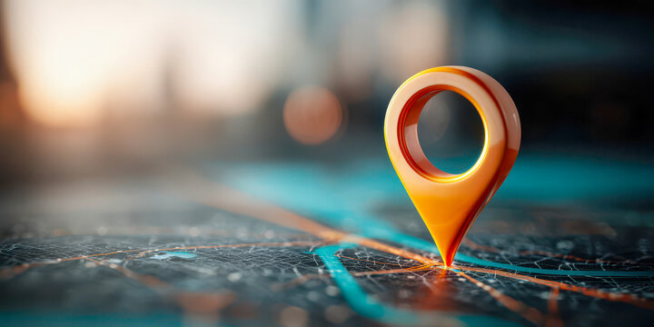 Map marker sits on a city map during sunset