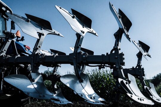 Agricultural tractor plow with multiple blades breaks up soil for farming. Heavy farm machinery prepares land for crops under clear blue sky. Rural fieldwork begins with heavy equipment.