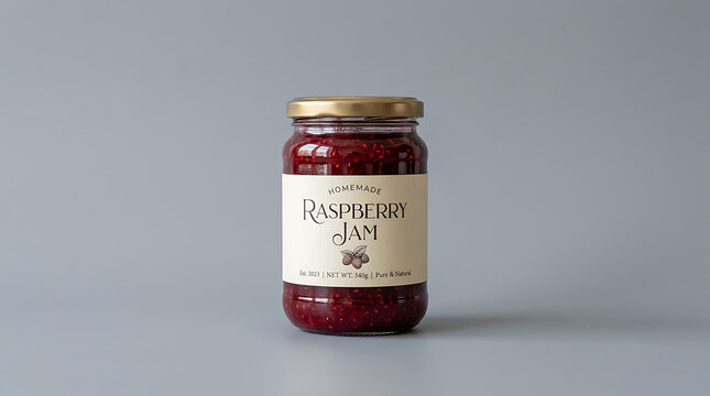 Jar of Homemade Raspberry Jam on Grey Background