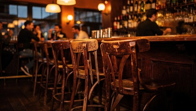 Evening pub scene with wooden stools in sharp focus and ambient soft lighting highlighting the welcoming intimate atmosphere of a local gathering spot.