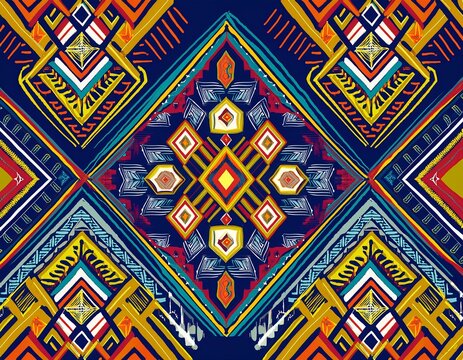 colorful ethnic geometric seamless pattern on blue