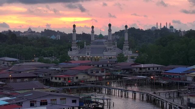 Bandar Seri Begawan, the capital city of Brunei Darussalam in evening. Tiny Sultanate in South East Asia, Borneo Island.