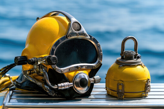 Diving helmet underwater device boat deck yellow equipment marine inspection offshore engineering metal bench daylight photo copy space technical gear, worn diving helmet and testing device boat