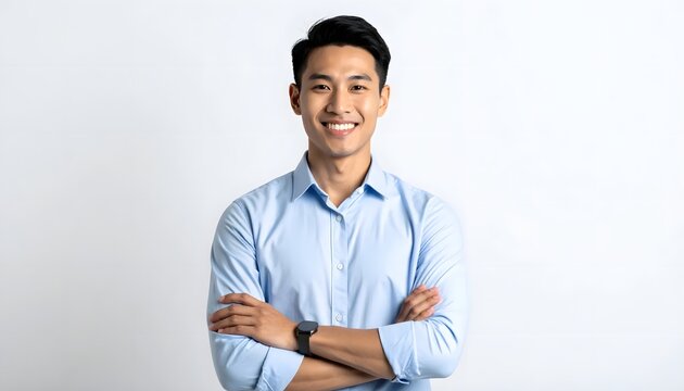 Attractive young Asian man in a blue dress shirt smiling confidently with crossed arms.