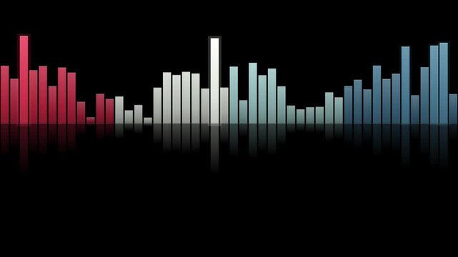 A seamless looping animation of an audio equalizer with gradient bars and reflection on a black background