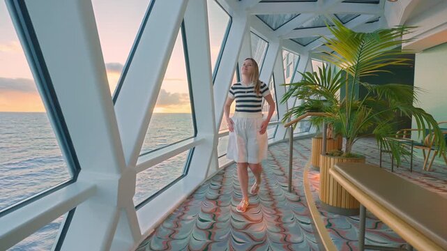 Young woman in striped shirt walks through modern cruise liner observation lounge in Caribbean Sea. Geometric windows frame golden sunset over ocean waves with tropical palm decor and elegant seating.
