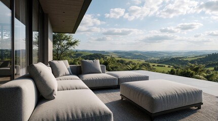 Obraz premium Modern outdoor lounge terrace features grey sofas with comfortable pillows on stone floor. Exterior deck area overlooks beautiful green hills, summer mountain landscape. Luxury real estate patio