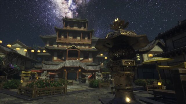 Pagoda approach with floral planters and stone lanterns under Milky Way band, ornate foreground and quiet plaza suggest vendor stalls closed and lingering
