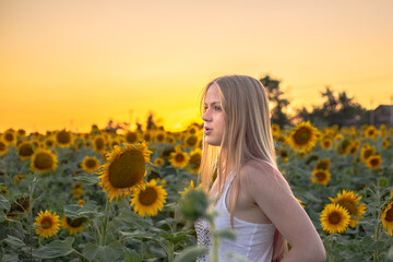 Profile portrait of a young blonde woman standing in a blooming sunflower field at golden hour. summer countryside lifestyle, organic nature scene. © Natalia