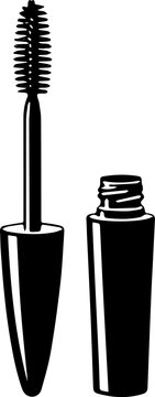 Open mascara tube with brush applicator vector icon - black silhouette