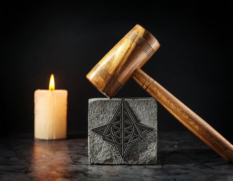wooden mallet placed on rough ashlar stone with square and compasses symbol masonic lodge tool and lit candle in dark background secret society ritual and initiation symbol concept