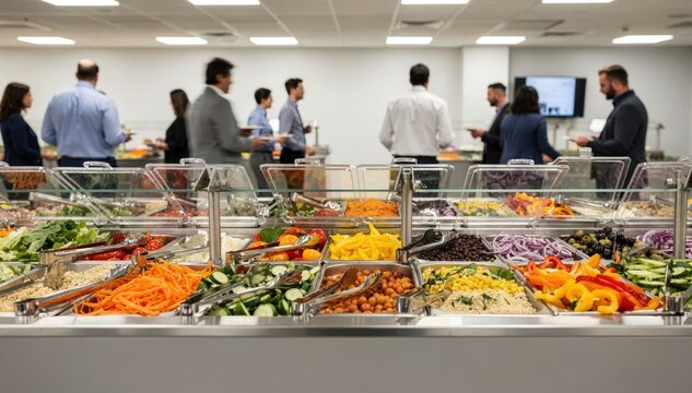 Corporate cafeteria salad station featuring vibrant vegetables and labeled containers designed for quick and efficient multiemployee service during busy lunch hours.