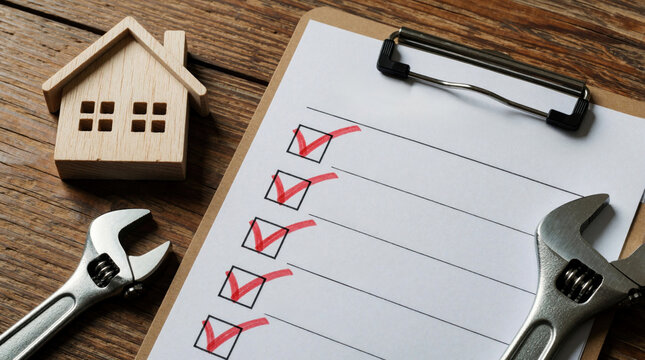 Wooden house model sits on table with clipboard, wrenches. Completed checklist shows home inspection progress. Real estate pro handyman uses tools for property maintenance, renovation planning tasks.