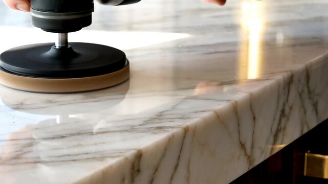 Hands polishing marble countertop surface with professional equipment