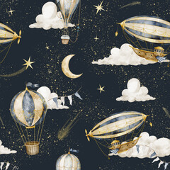 Airship seamless watercolor pattern with balloons isolated on background. Vintage celestial repeat for fabric, wallpaper, wrapping paper and nursery textiles. © Alisles