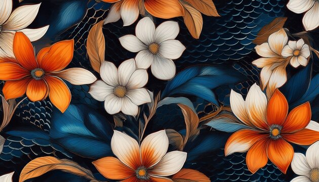 seamless floral pattern tile with flowers in orange blue and white black snake skin seamless tile repeating and looping background for print banners and wallpaper