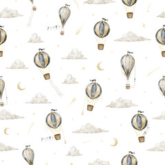 Airship and hot air balloon seamless watercolor pattern isolated on background. Celestial repeat with aircrafts and clouds and stars for fabric, nursery wallpaper and wrapping paper. Baby backdrop. © Alisles