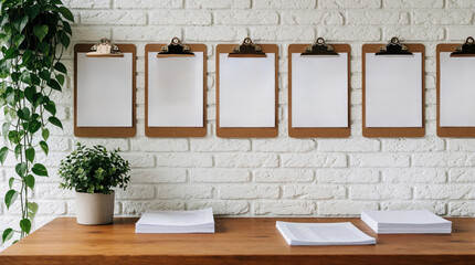 Fototapeta premium Clipboards with blank paper hang on white brick wall above wooden desk. Green plant sits on desk with stacks of documents. Scene is clean organized, minimalist perfect for planning or task management.