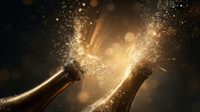 Two champagne bottles exploding in celebration with golden sparks and bubbles.