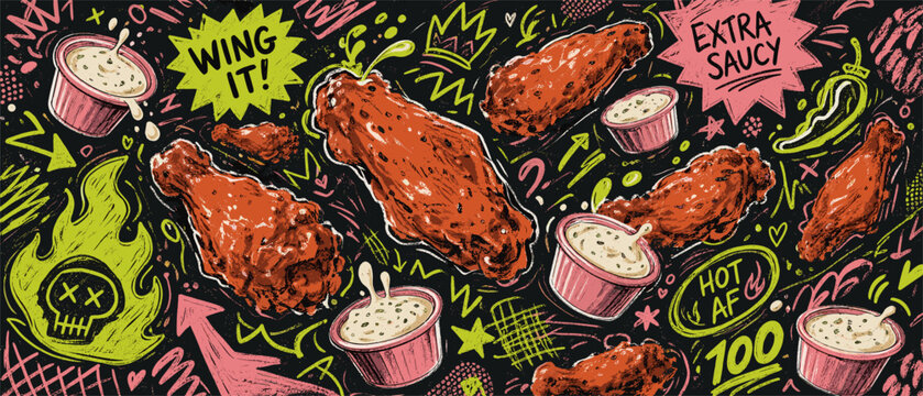 Vibrant Pop Art Illustration of Spicy Fried Chicken Wings and Dipping Sauces for Modern Fast Food Menu Design and Creative Restaurant Branding Campaigns
