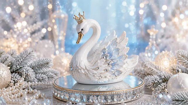 Decorative swan figurine with golden crown for Christmas home decor. Festive winter table centerpiece with white pearl ornament and glowing bokeh light background