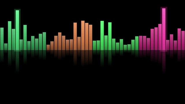 An animated audio equalizer loops continuously showing colorful vertical bars reflecting on a dark surface