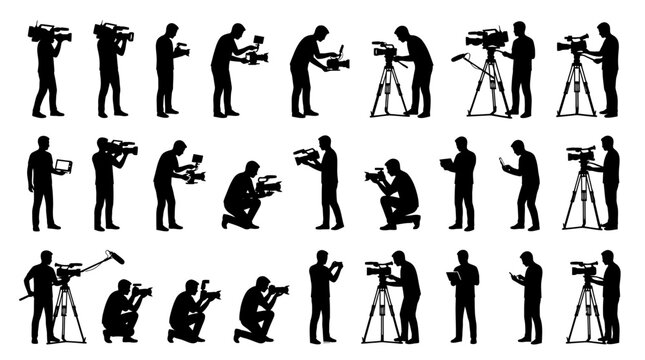 Professional videographer silhouette set featuring black vector graphic characters using various video camera equipment setups daily