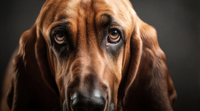 Close-up of sad brown hound dog face. Expressive big eyes, long ears, wet nose. Pet looks directly at camera with soulful gaze. Loyal friend waits patiently.