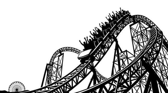 Thrilling rollercoaster vector illustration featuring excited passengers riding high speed tracks in bold black graphic design