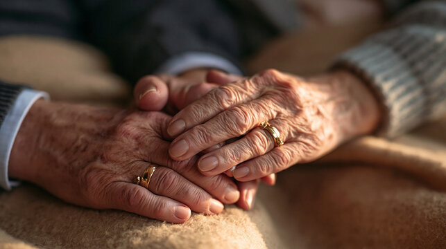 Elderly Couple Holding Hands with Wedding Rings Close Up